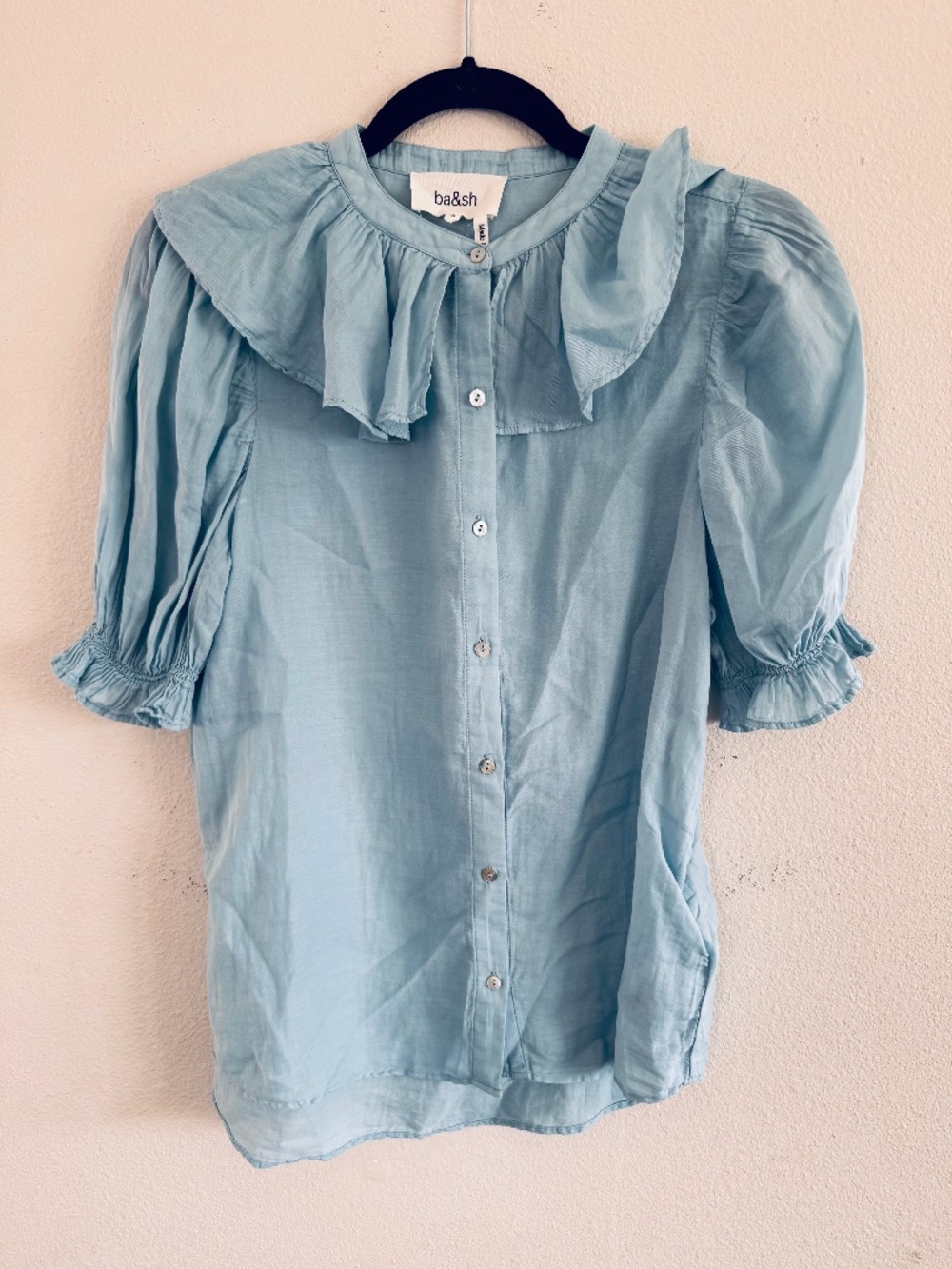 ba&sh Light Blue Puff Sleeve Ruffle Collar Blouse Sz 0
